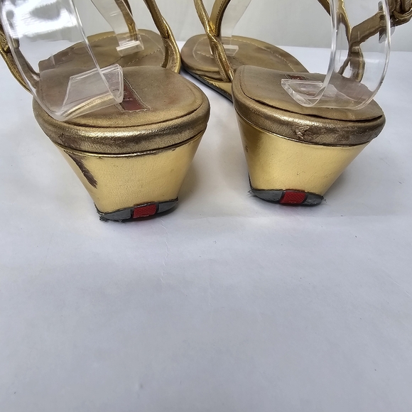 Prada Gold Leather T-Strap Wedge Sandals Size 38 - Picture 8 of 11